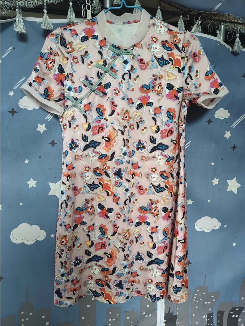Pink Embroidered Floral Mandarin Dress